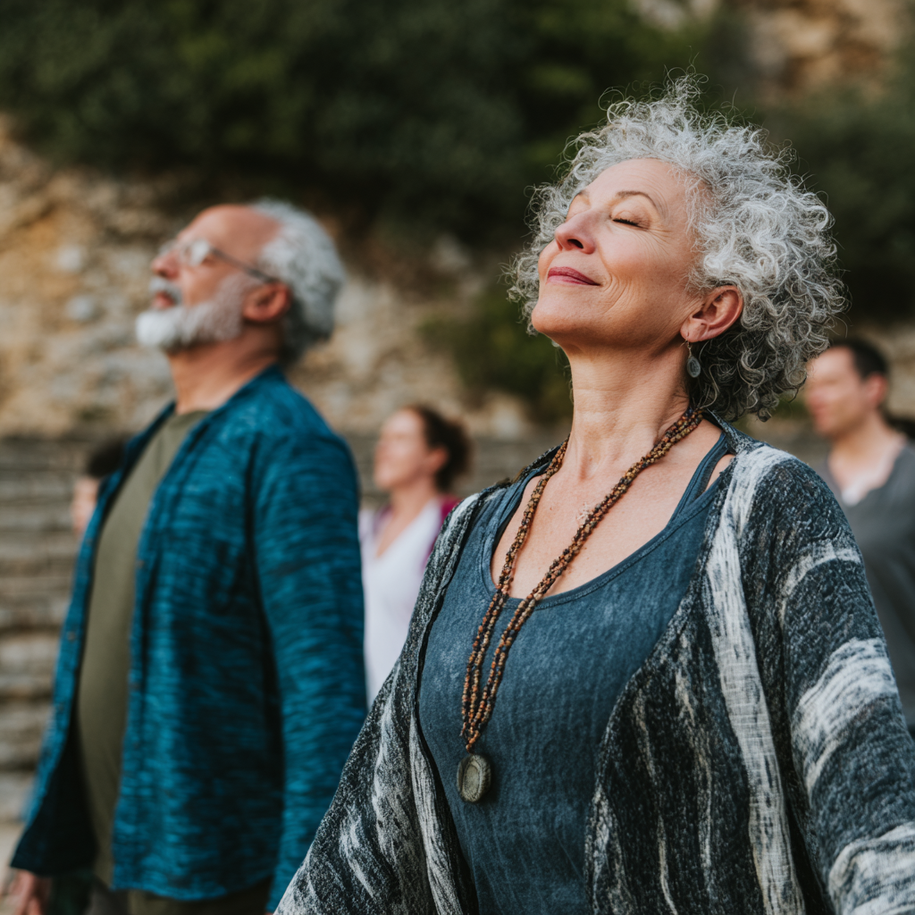 Middle-aged adults practicing gentle movement exercises in natural outdoor setting